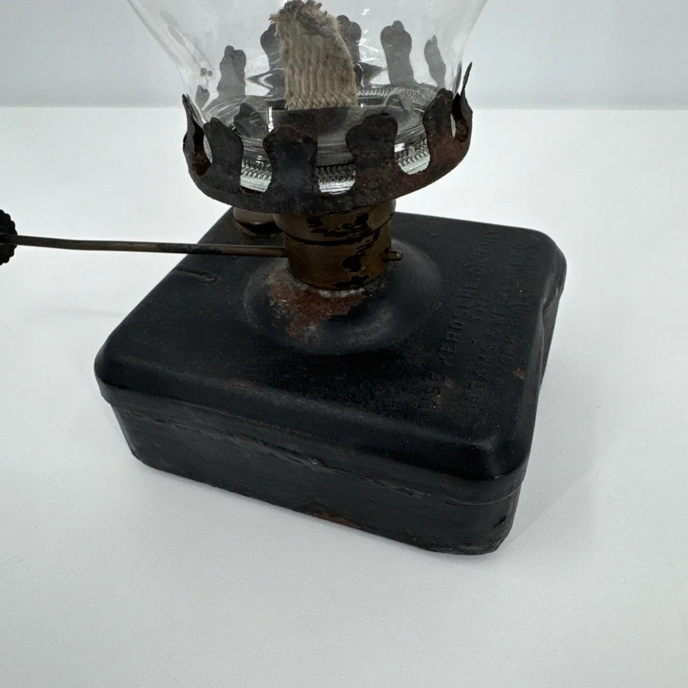 Antique Adams & Westlake Co. Compact‎ Table Top Kerosene Oil Lamp Tin Tank Glass